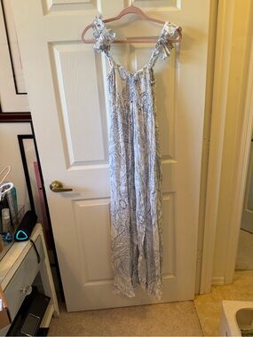 Light Blue Paisley Maxi Dress with Ruffled Shoulder Straps